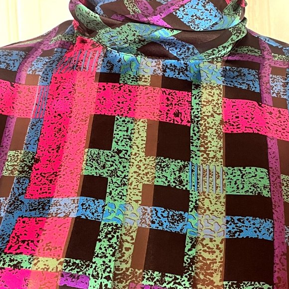 Vintage 80s Jewel Tone Abstract Plaid High Neck Satin Polyester Blouse - Picture 2 of 5